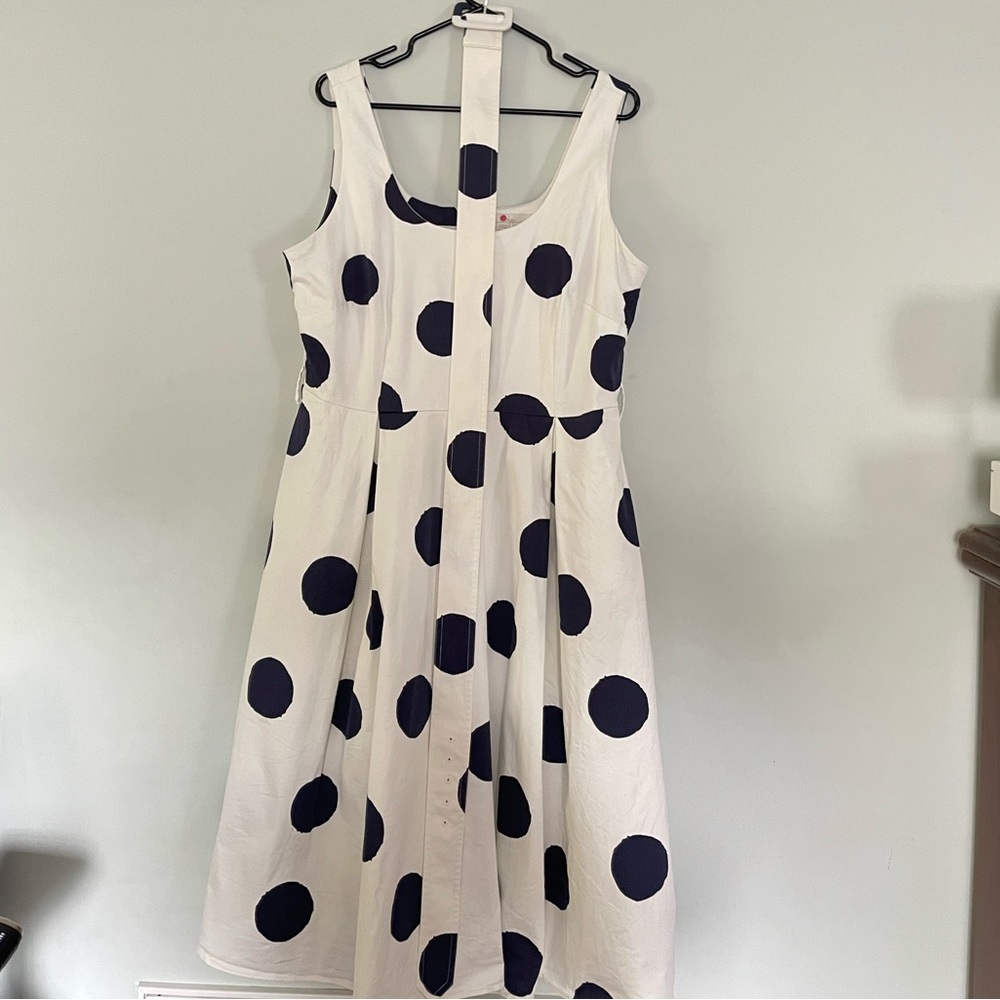 Boden White Midi Dress with Navy Polka Dots